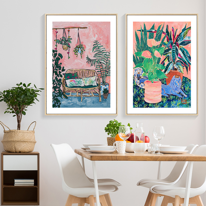 北欧现代简约小清新手绘沙发猫咪植物客厅小众装饰画画芯素材