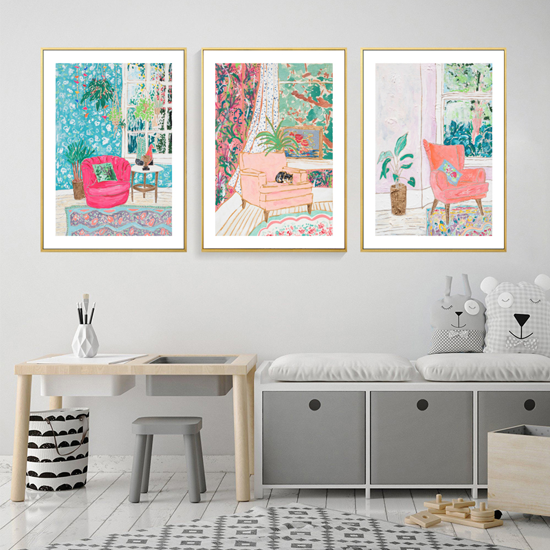 北欧现代简约小清新手绘沙发猫咪植物客厅小众装饰画画芯素材