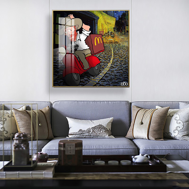 现代手绘卡通人物梵高星空名画油画创意装饰画高清素材图库