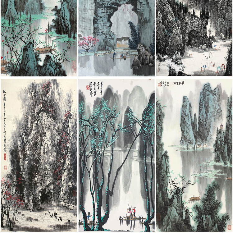 国画山水画集玄关装饰画画芯中国风素材高清图库新中式客厅挂画