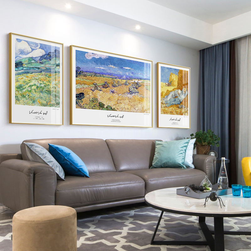 简约现代轻奢艺术梵高麦田向日葵油画三联组合客厅装饰画图素材