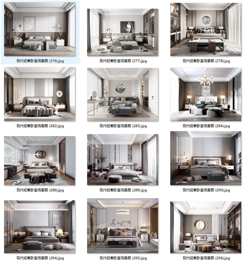 现代意式轻奢卧室样板房背景墙壁饰吊灯具装饰画场景图家居效果图