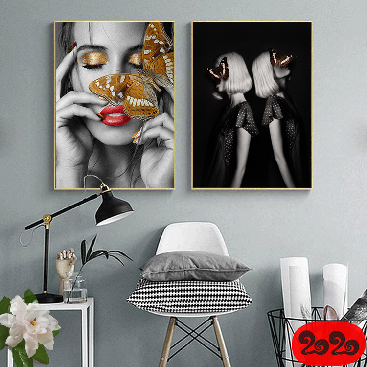 黑白背景装饰画素材高清画芯图库北欧人物动物风景三联画挂画