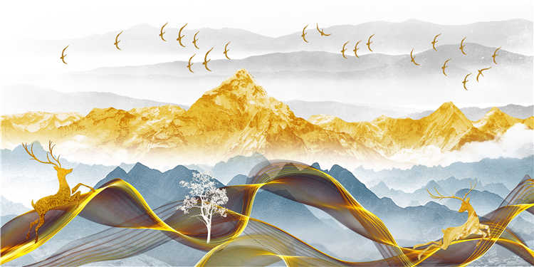 新中式金山飞鸟意境金色抽象画禅意靠山水高清图库装饰画芯素材