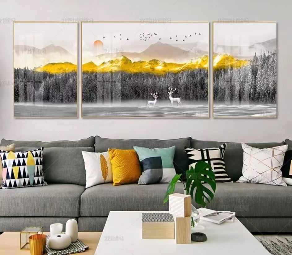新中式金山意境麋鹿三联轻奢装饰画素材高清画芯背有靠山图库