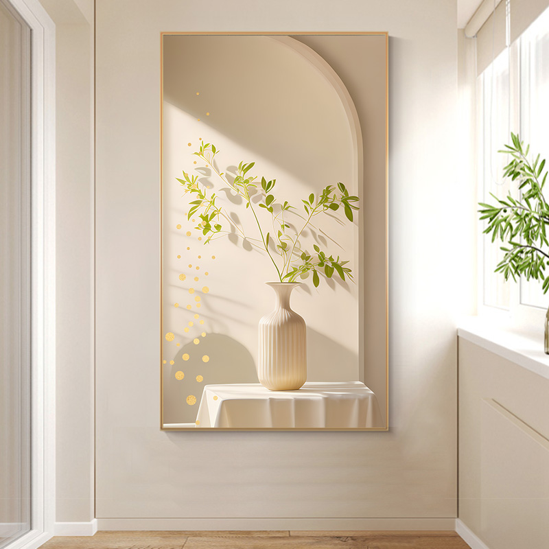 现代简约花瓶绿植光影侘寂风沙发背景墙装饰画高清素材图库