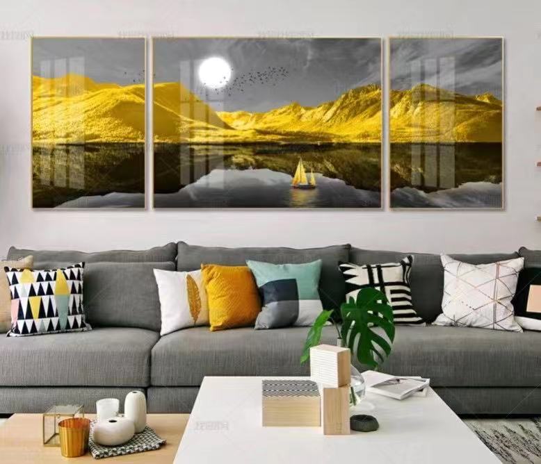 新中式金山意境麋鹿三联轻奢装饰画素材高清画芯背有靠山图库