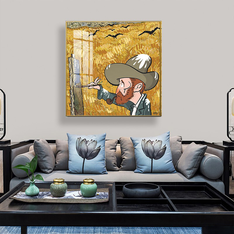 现代手绘卡通人物梵高星空名画油画创意装饰画高清素材图库