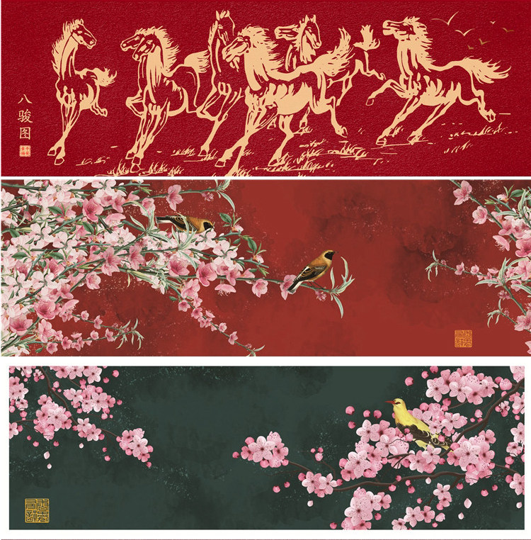 新中式中国风国潮现代卧室床头装饰画画芯素材高清图库横幅故宫