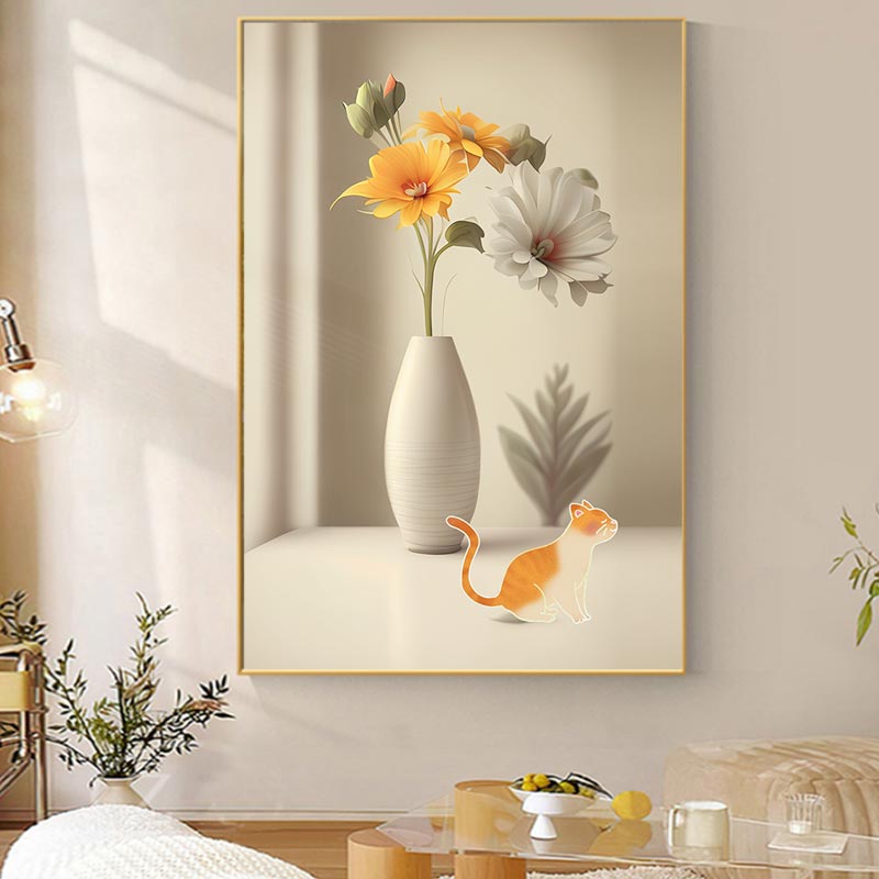 现代简约花瓶绿植光影侘寂风沙发背景墙装饰画高清素材图库