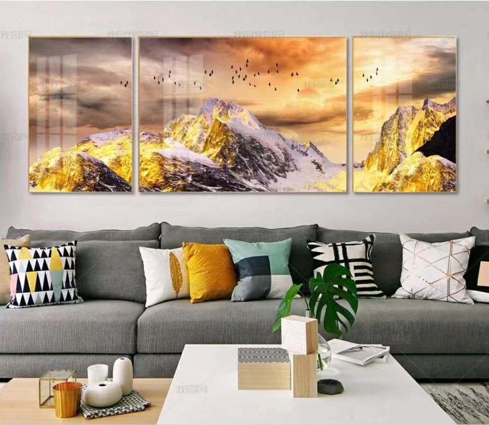 新中式金山意境麋鹿三联轻奢装饰画素材高清画芯背有靠山图库