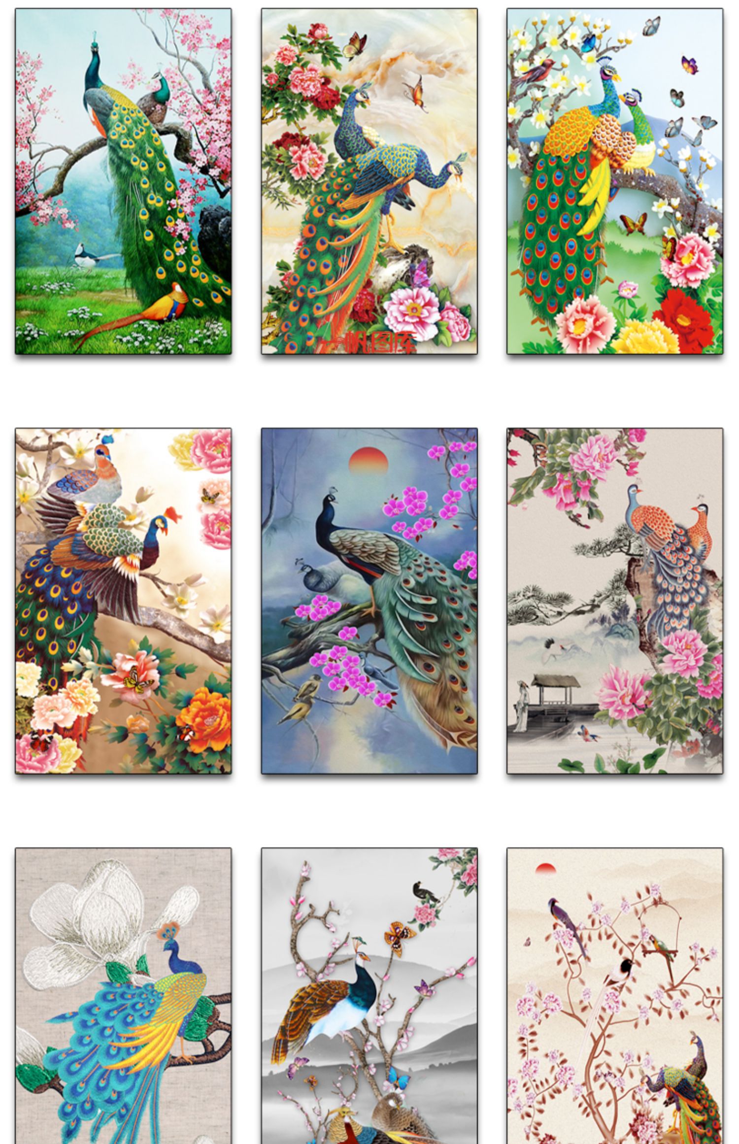 新中式工笔国画花开富贵牡丹孔雀古典欧式玄关装饰画素材图库