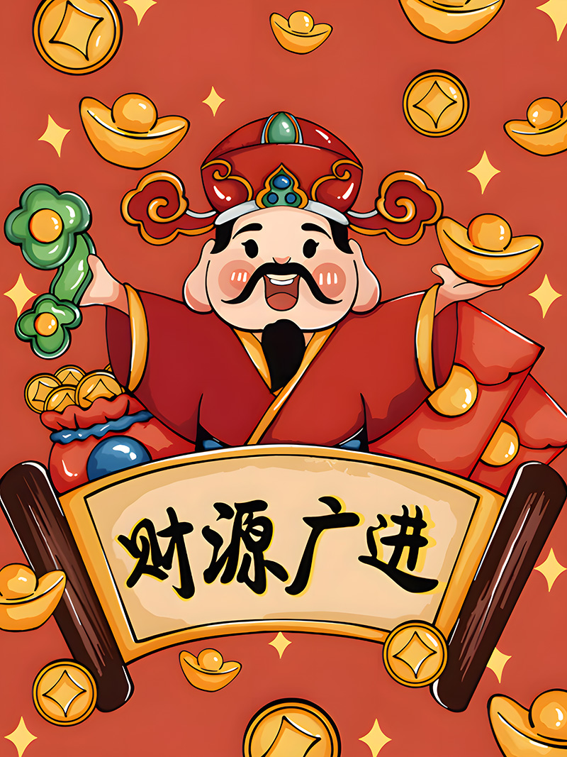 网红国潮中国风财神恭喜发财年画店铺玄关装饰画高清素材图片库