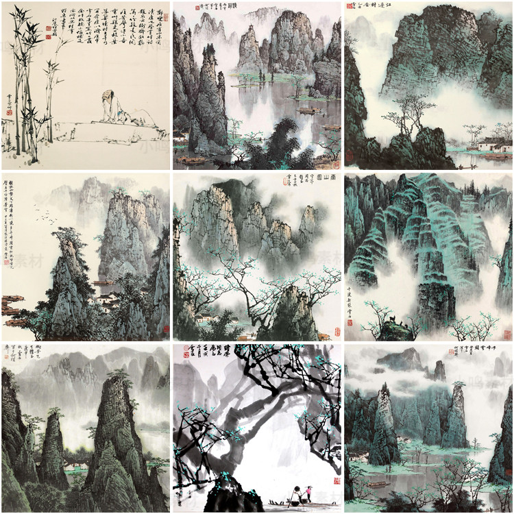 国画山水画集玄关装饰画画芯中国风素材高清图库新中式客厅挂画