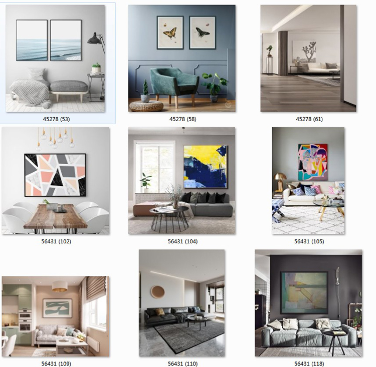 现代简约客厅家居场景图库北欧风装饰画效果图挂画背景墙样机