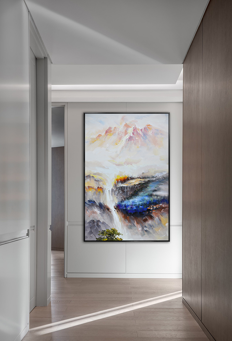 新中式禅意笔墨山水抽象意境手绘油画四联装饰画高清素材图库