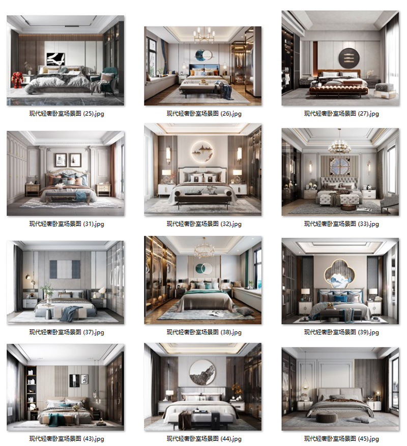 现代意式轻奢卧室样板房背景墙壁饰吊灯具装饰画场景图家居效果图