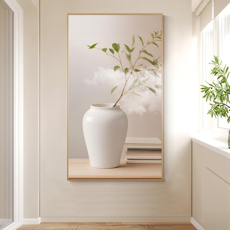 现代简约花瓶绿植光影侘寂风沙发背景墙装饰画高清素材图库