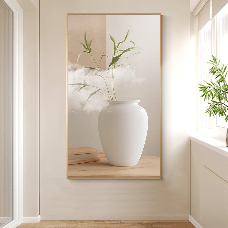 现代简约花瓶绿植光影侘寂风沙发背景墙装饰画高清素材图库