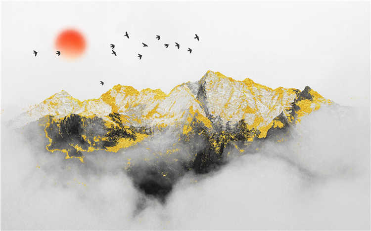 新中式金山飞鸟意境金色抽象画禅意靠山水高清图库装饰画芯素材