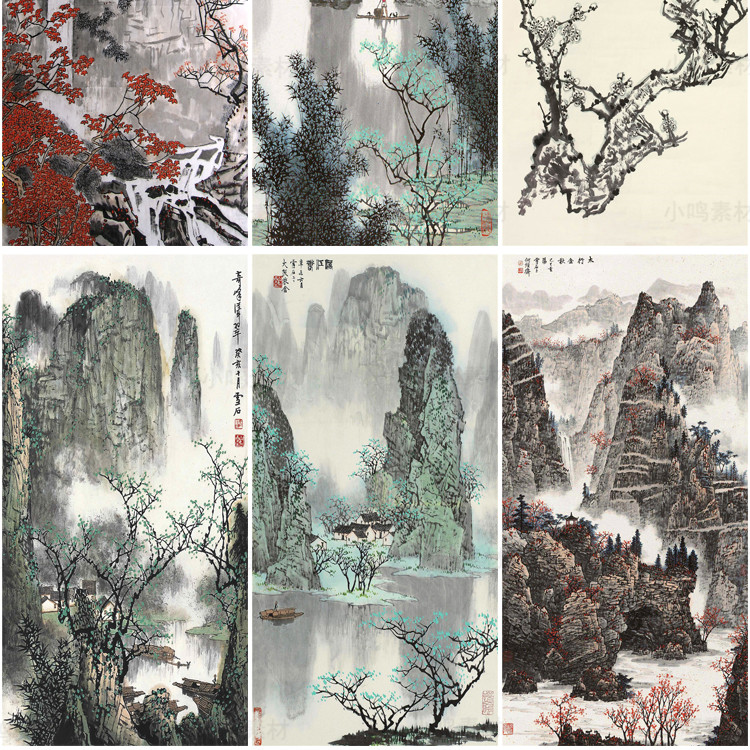 国画山水画集玄关装饰画画芯中国风素材高清图库新中式客厅挂画