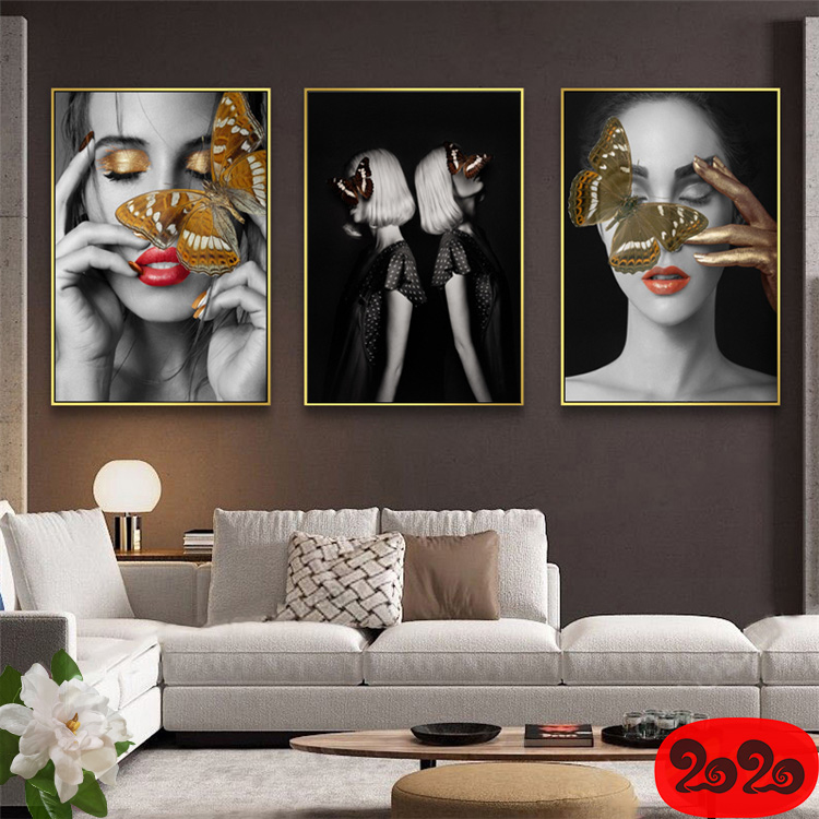 黑白背景装饰画素材高清画芯图库北欧人物动物风景三联画挂画