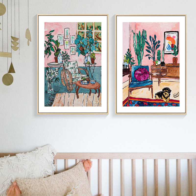 北欧现代简约小清新手绘沙发猫咪植物客厅小众装饰画画芯素材