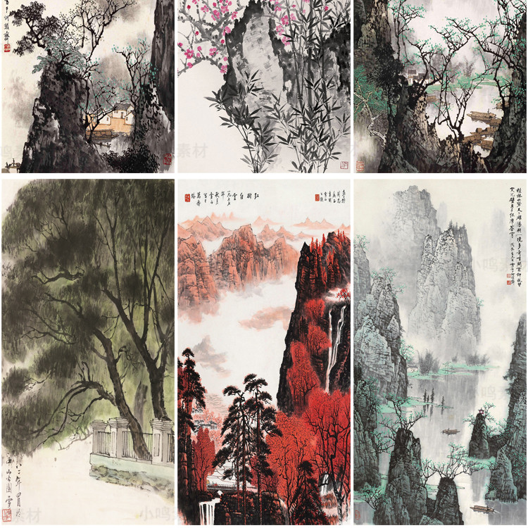 国画山水画集玄关装饰画画芯中国风素材高清图库新中式客厅挂画