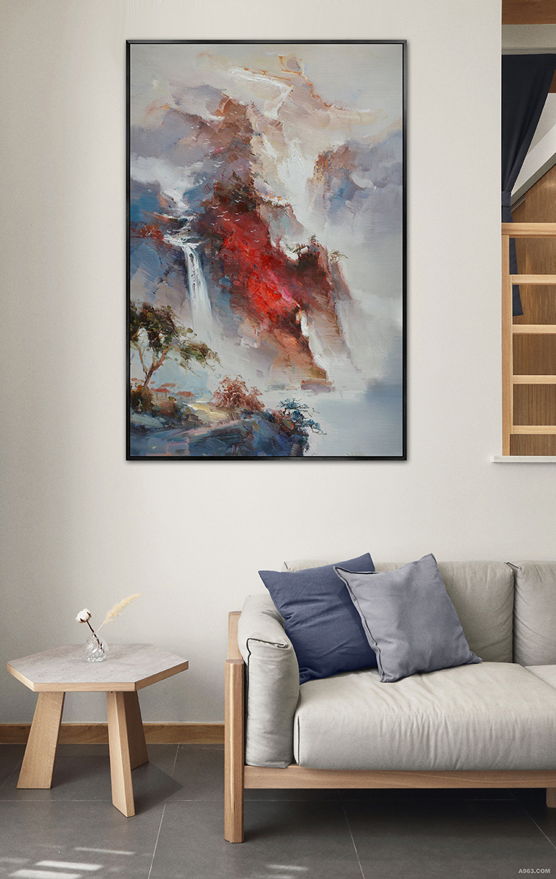 新中式禅意笔墨山水抽象意境手绘油画四联装饰画高清素材图库