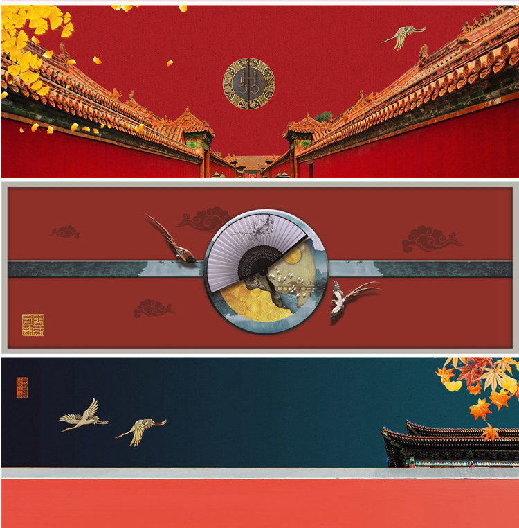 新中式中国风国潮现代卧室床头装饰画画芯素材高清图库横幅故宫