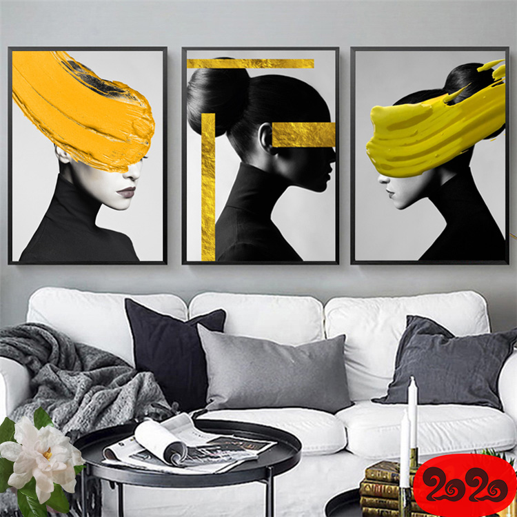 黑白背景装饰画素材高清画芯图库北欧人物动物风景三联画挂画