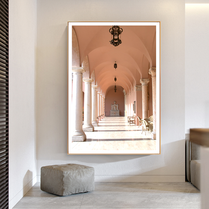 简约建筑现代装饰画图片画芯素材复古红色教堂罗马柱宫殿玄关