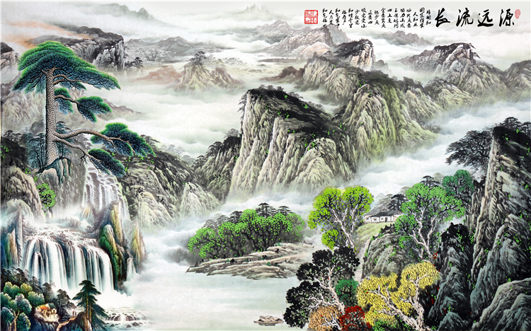 新中式客厅山水画办公室背景墙素材高清图片装饰挂画背有靠山国画