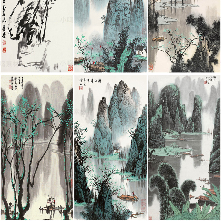 国画山水画集玄关装饰画画芯中国风素材高清图库新中式客厅挂画