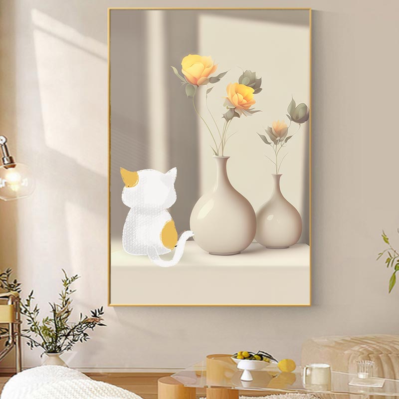 现代简约花瓶绿植光影侘寂风沙发背景墙装饰画高清素材图库