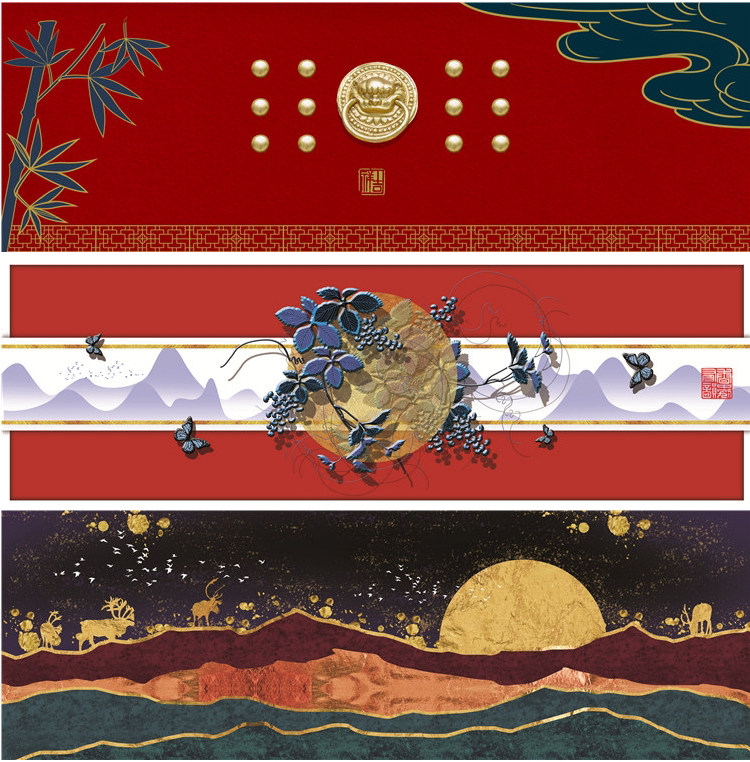 新中式中国风国潮现代卧室床头装饰画画芯素材高清图库横幅故宫