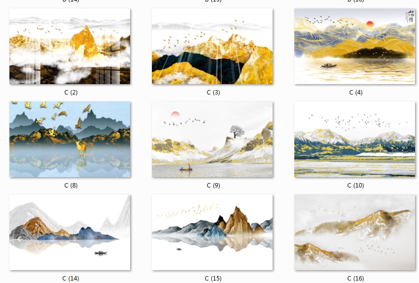新中式金山飞鸟意境金色抽象画禅意靠山水高清图库装饰画芯素材