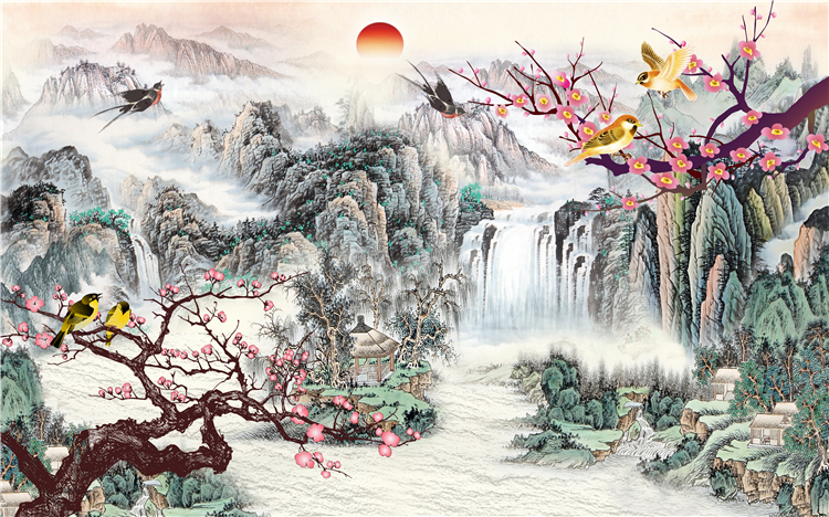 新中式客厅山水画办公室背景墙素材高清图片装饰挂画背有靠山国画