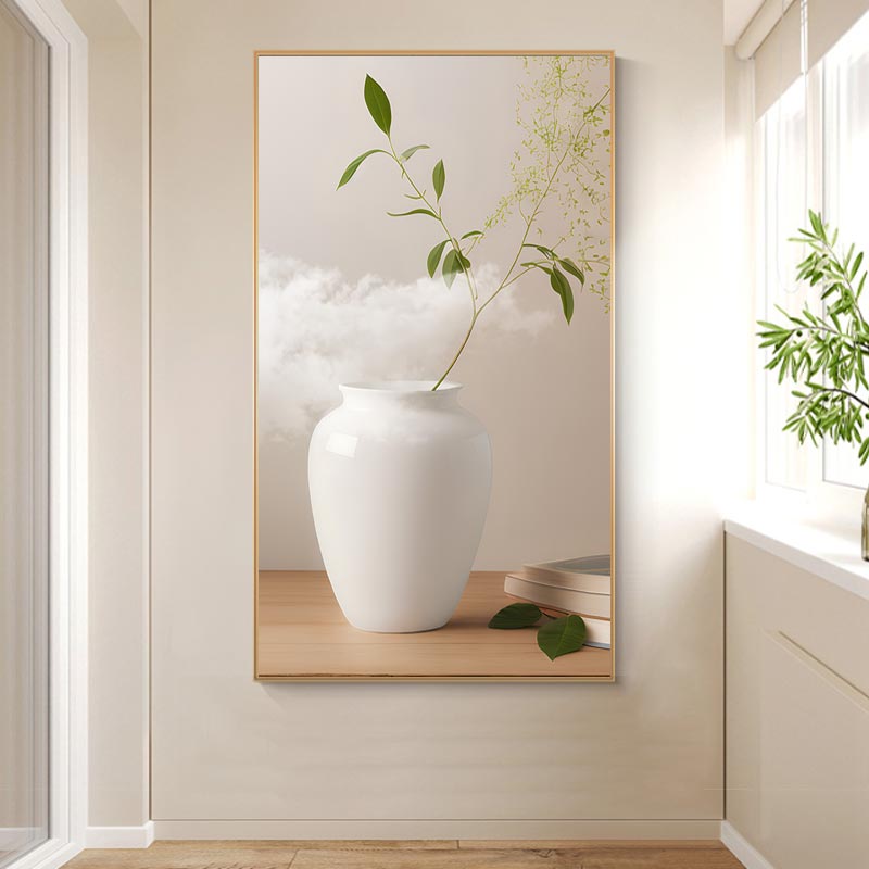 现代简约花瓶绿植光影侘寂风沙发背景墙装饰画高清素材图库