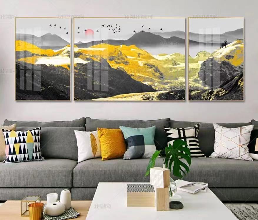 新中式金山意境麋鹿三联轻奢装饰画素材高清画芯背有靠山图库