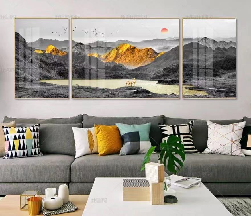 新中式金山意境麋鹿三联轻奢装饰画素材高清画芯背有靠山图库