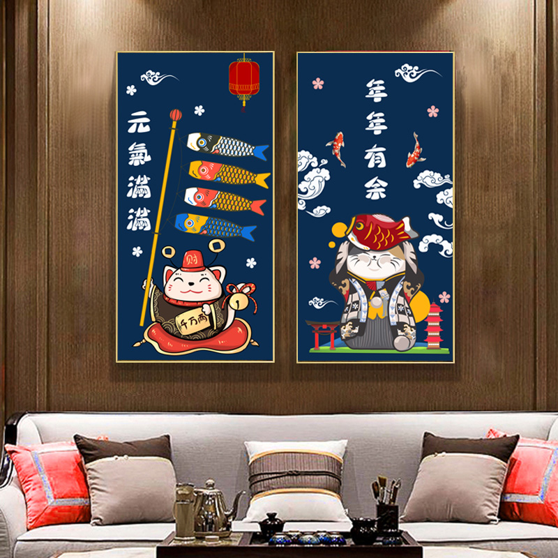 餐厅创意招财猫风水卡通料理店三联画挂画装饰画画芯高清素材