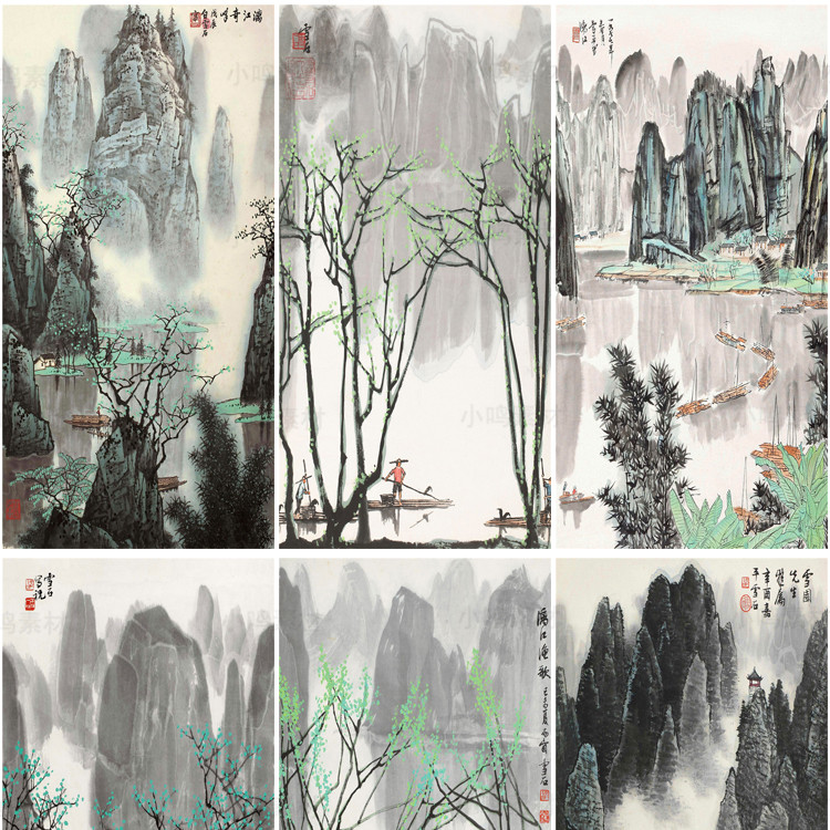 国画山水画集玄关装饰画画芯中国风素材高清图库新中式客厅挂画