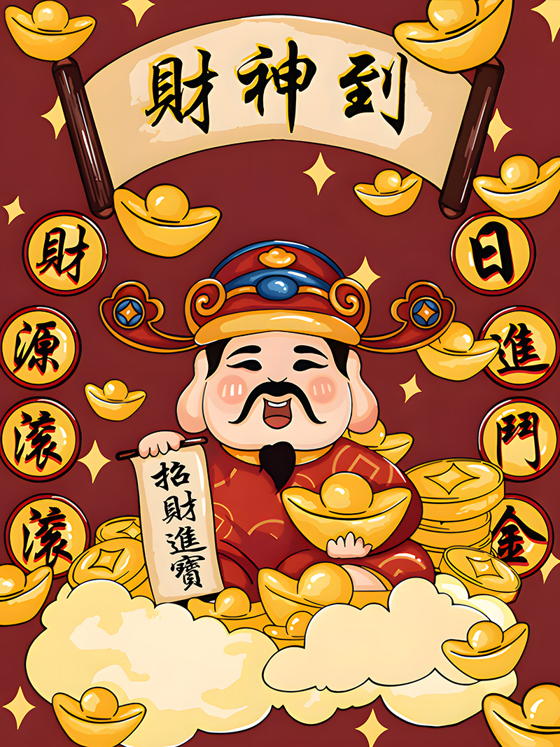 网红国潮中国风财神恭喜发财年画店铺玄关装饰画高清素材图片库