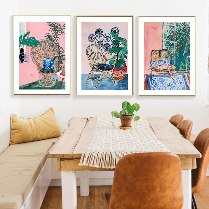 北欧现代简约小清新手绘沙发猫咪植物客厅小众装饰画画芯素材