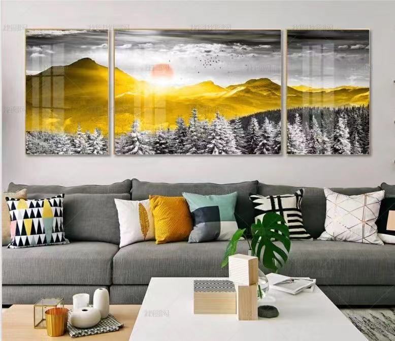 新中式金山意境麋鹿三联轻奢装饰画素材高清画芯背有靠山图库