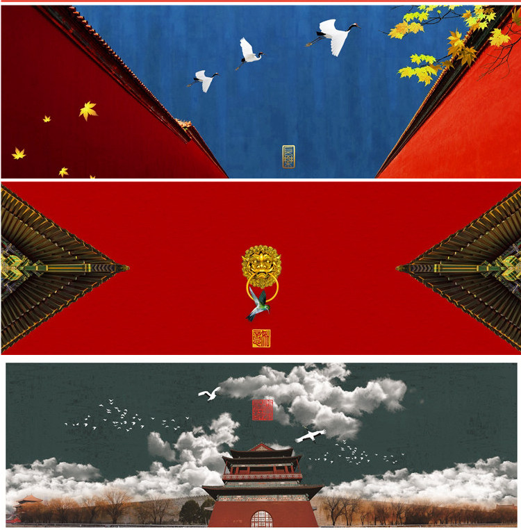 新中式中国风国潮现代卧室床头装饰画画芯素材高清图库横幅故宫