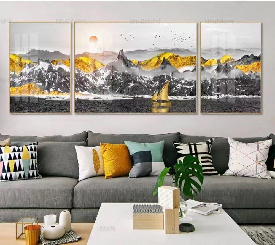 新中式金山意境麋鹿三联轻奢装饰画素材高清画芯背有靠山图库