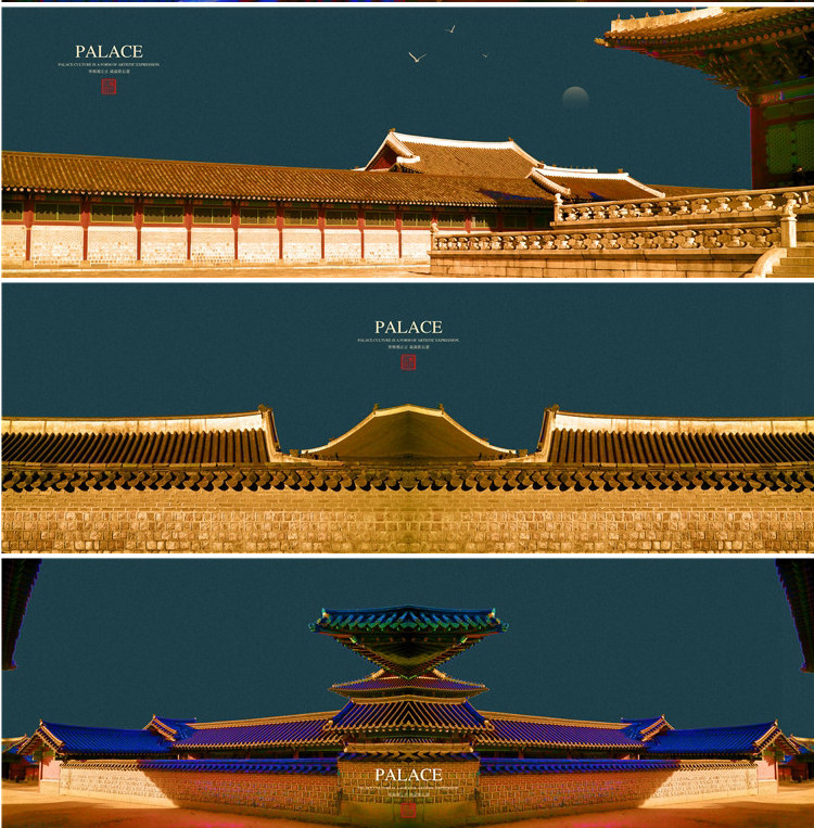 新中式中国风国潮现代卧室床头装饰画画芯素材高清图库横幅故宫