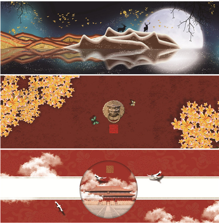 新中式中国风国潮现代卧室床头装饰画画芯素材高清图库横幅故宫